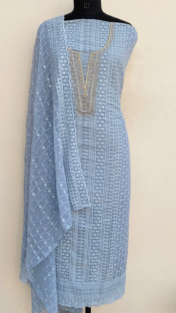 Chikankari Suit Length 3 Piece Gray Georgette With Pearl & Cutdana Work