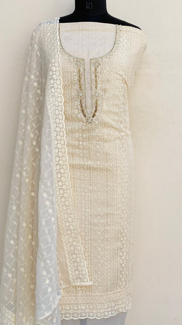 Chikankari Suit Length 3 Piece Cream Georgette With Pearl & Cutdana Work