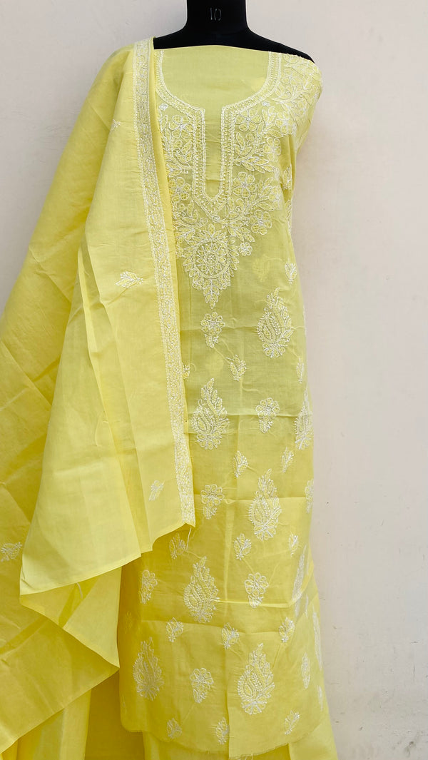 Lucknowi Chikankari Suit Length 3 Piece Yellow Cotton With Embroidered Cotton Dupatta