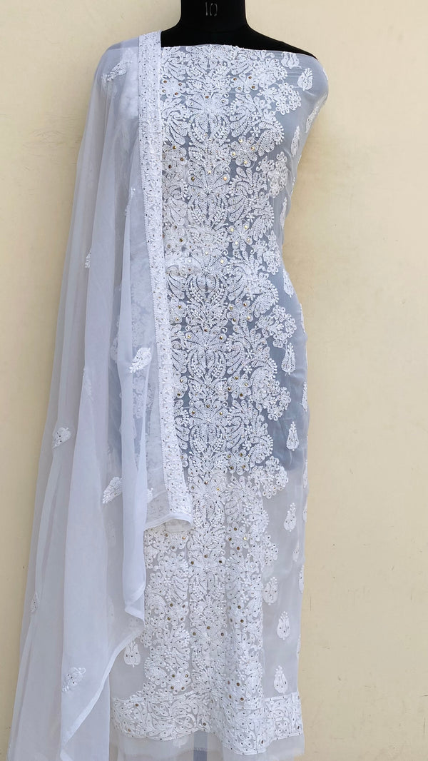 Lucknowi Chikankari Suit Length 3 Piece White Georgette With Mukaish Work