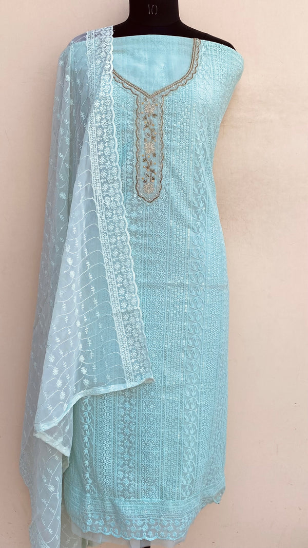 Chikankari Suit Length 3 Piece Sea Green Georgette With Pearl & Cutdana Work