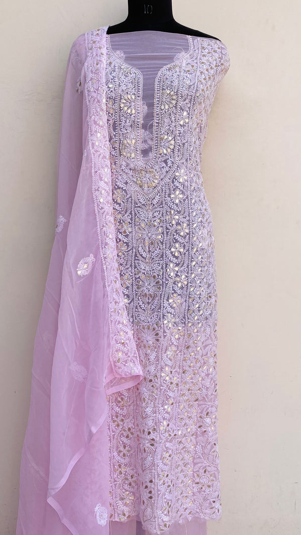 Lucknowi Chikankari Suit Length 3 Piece Pink Georgette With Gotta Patti Work