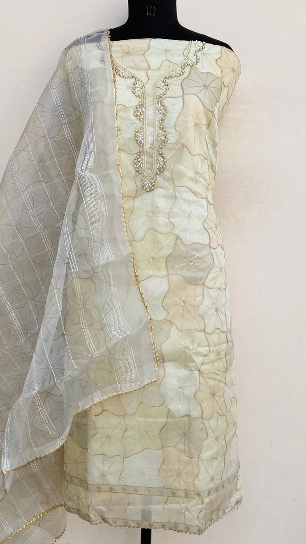 Designer Embroidered Suit Length 3 Piece Cream Organza With Pearl, Cutdana & Sequence Work