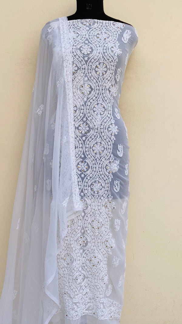 Lucknowi Chikankari Suit Length 3 Piece White Georgette With Mukaish Work