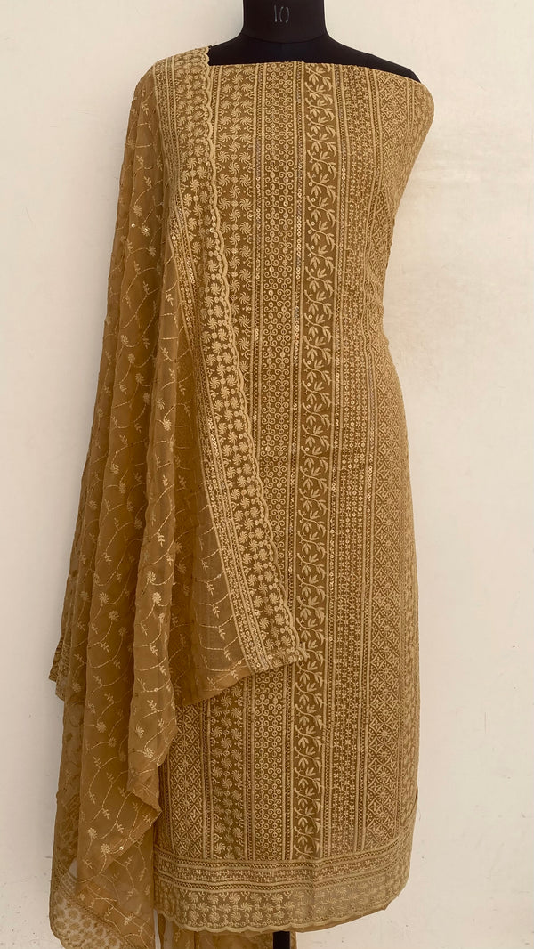 Chikankari Suit Length 3 Piece Brown Georgette