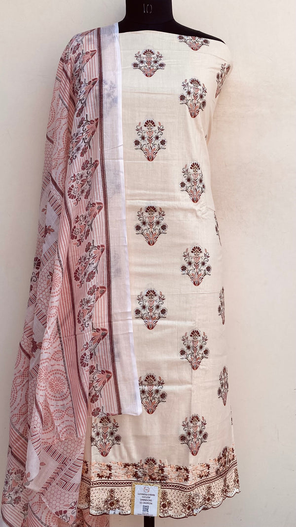 Designer Embroidered Suit Length 3 Piece Cream Mal Cotton With Stone Work