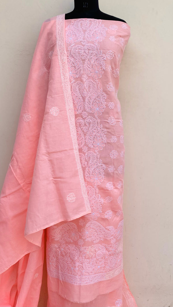 Lucknowi Chikankari Suit Length 3 Piece Pink Cotton With Embroidered Cotton Dupatta