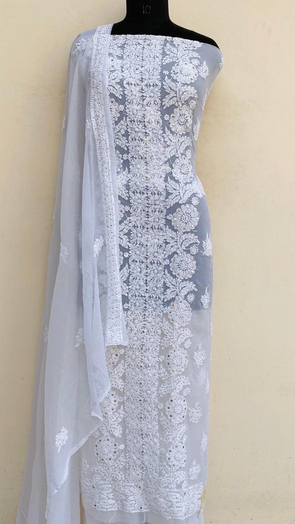 Lucknowi Chikankari Suit Length 3 Piece White Georgette With Mukaish Work