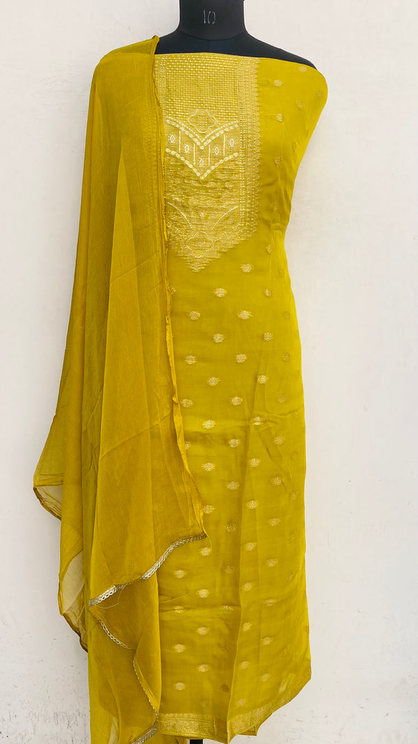 Designer Embroidered Suit Length 3 Piece Yellow Organza