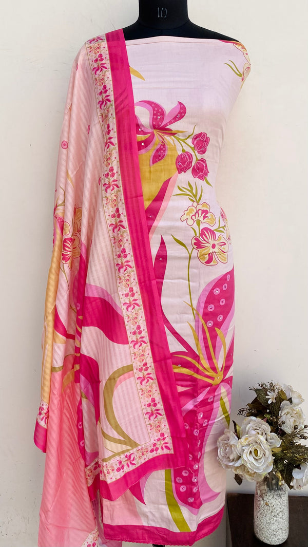 Designer Embroidered Suit Length 3 Piece Baby Pink Mal Cotton With Pearl , Sequence Work