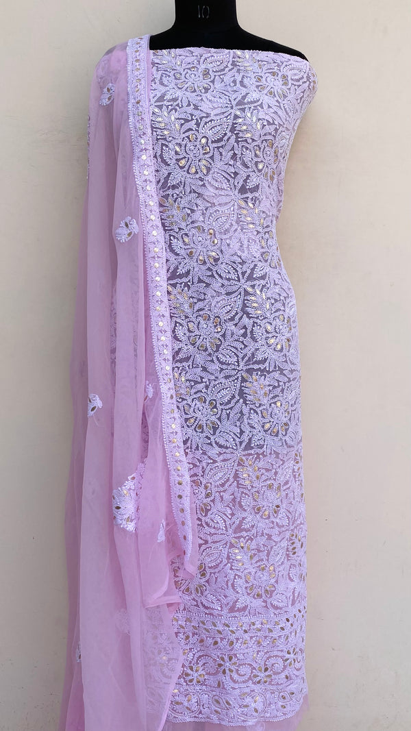 Lucknowi Chikankari Suit Length 3 Piece Pink Georgette With Gotta Patti Work