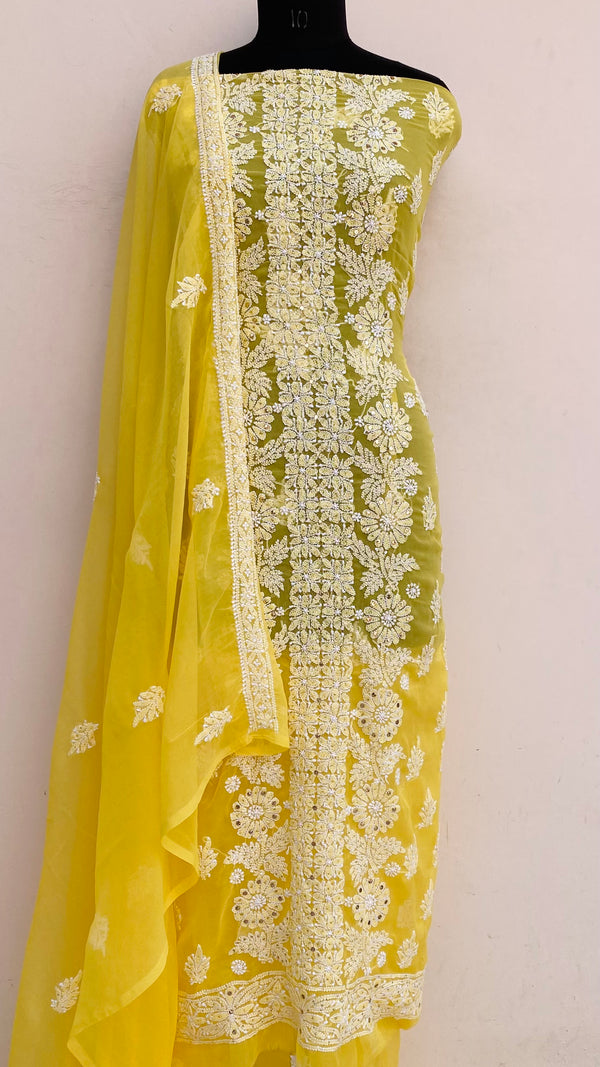 Lucknowi Chikankari Suit Length 3 Piece Yellow Georgette With Mukaish Work