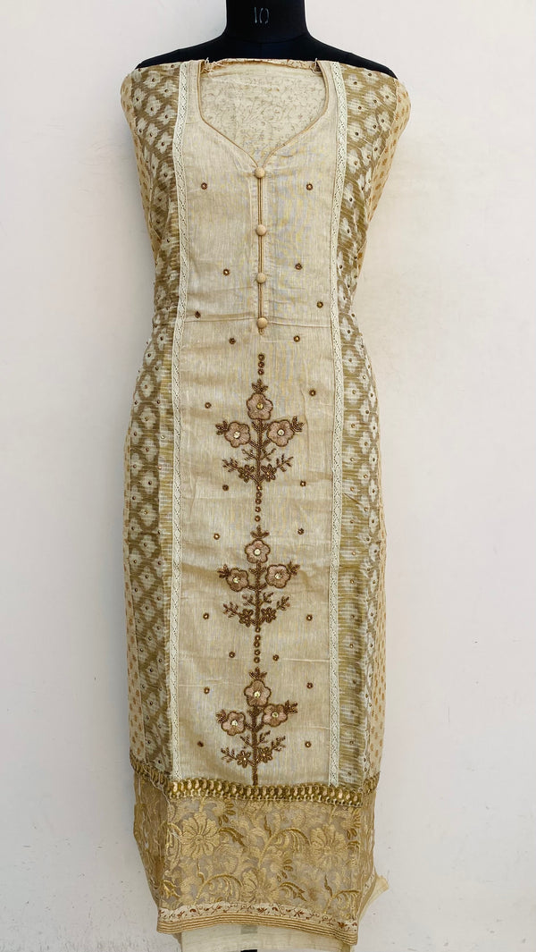 Designer Embroidered Suit Length 2 Piece Beige Linen With Pearl & Cutdana Work