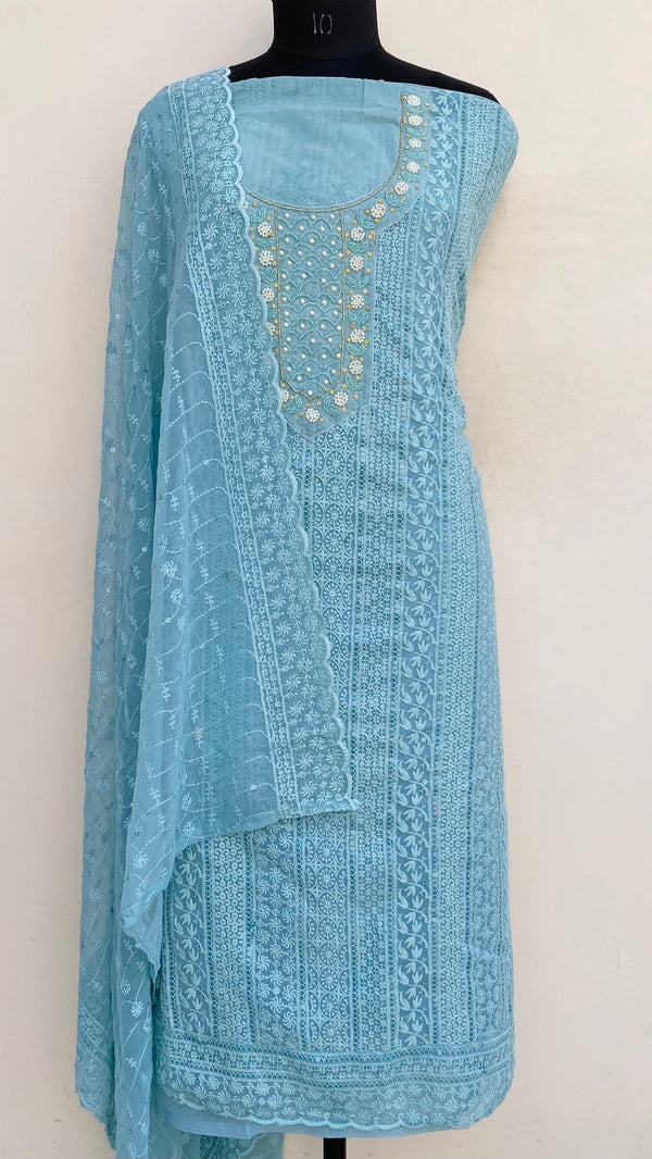 Chikankari Suit Length 3 Piece Aqua Blue Georgette With Pearl & Cutdana Work