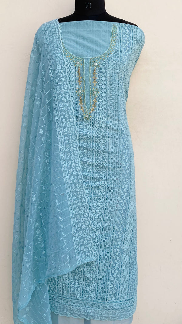 Chikankari Suit Length 3 Piece Aqua Blue Georgette With Pearl & Cutdana Work