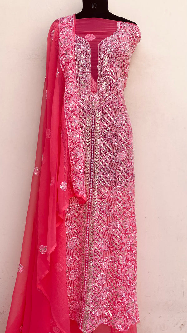 Lucknowi  Chikankari Suit Length 3 Piece Pink Georgette With Gota Patti Work