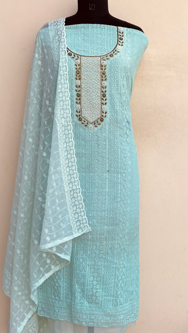 Chikankari Suit Length 3 Piece Sea Green Georgette With Pearl & Cutdana Work