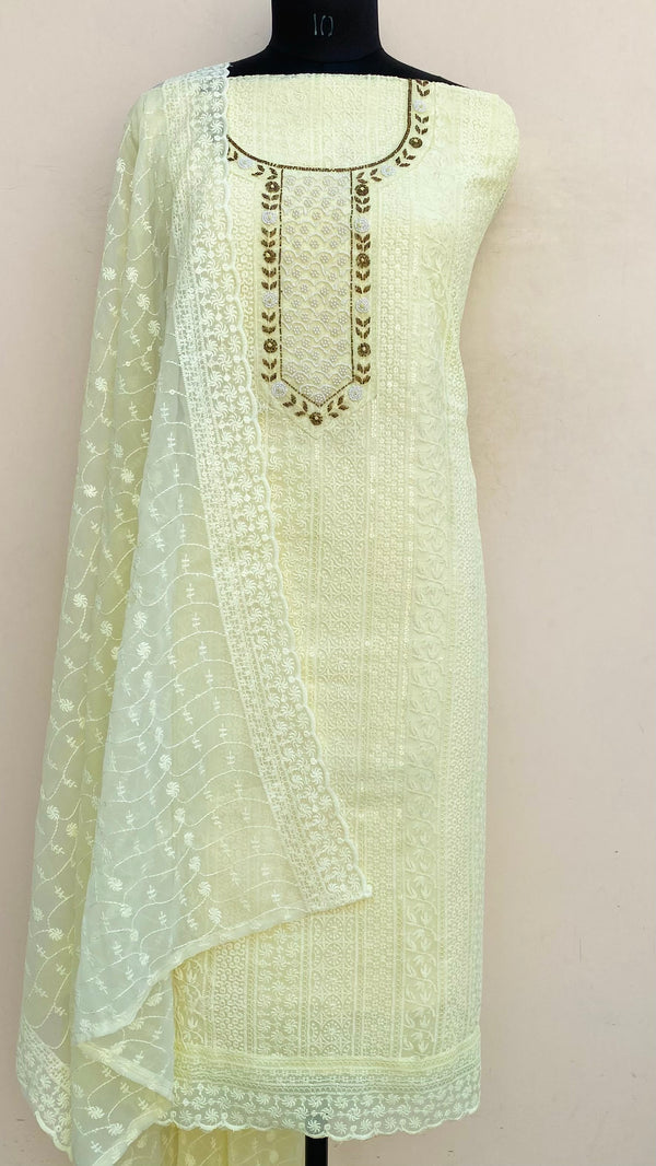 Chikankari Suit Length 3 Piece Lemon Yellow Georgette With Pearl & Cutdana Work