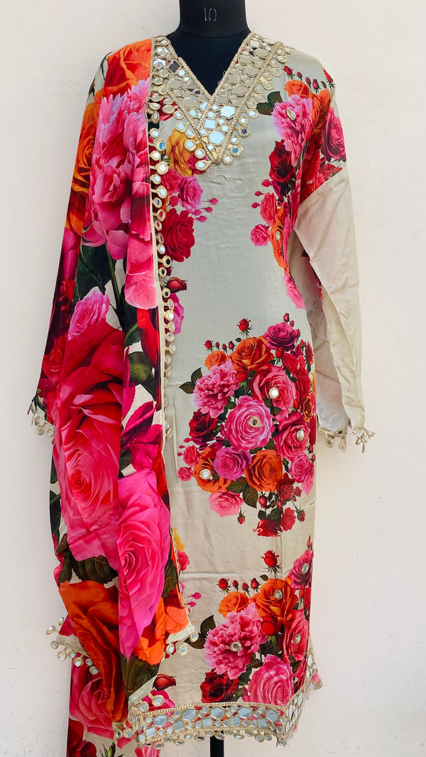 Designer Embroidered Suit Length 3 Piece Beige Muslin Cotton With Mirror Work