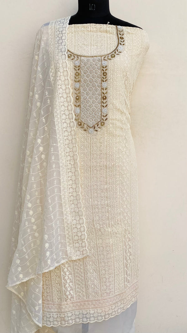 Chikankari Suit Length 3 Piece Cream Georgette With Pearl & Cutdana Work