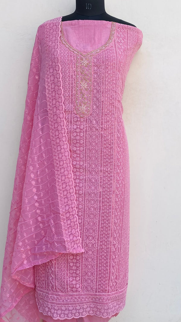 Chikankari Suit Length 3 Piece Pink Georgette With Pearl & Cutdana Work