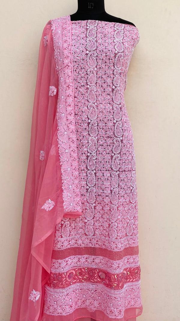 Lucknowi Chikankari Suit Length 3 Piece Pink Georgette With Sequence & Mukaish Work