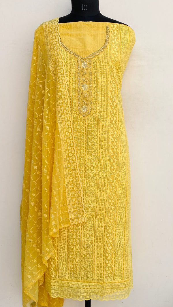 Chikankari Suit Length 3 Piece Mustard Georgette With Pearl & Cutdana Work