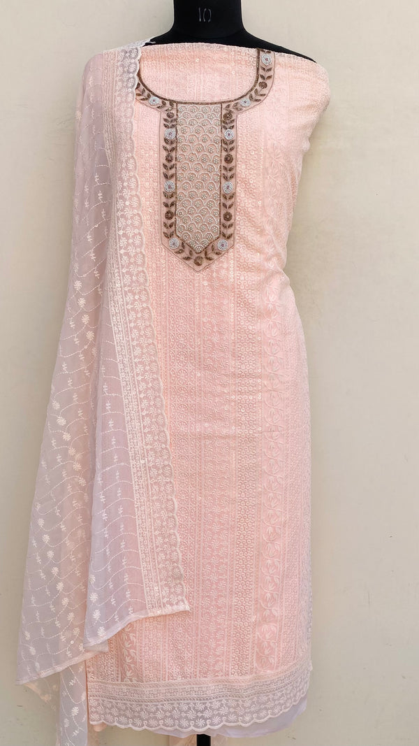 Chikankari Suit Length 3 Piece Peach Georgette With Pearl & Cutdana Work