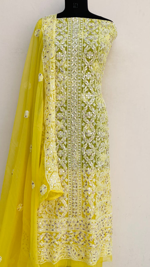 Lucknowi Chikankari Suit Length 3 Piece Yellow Georgette With Gotta Patti Work