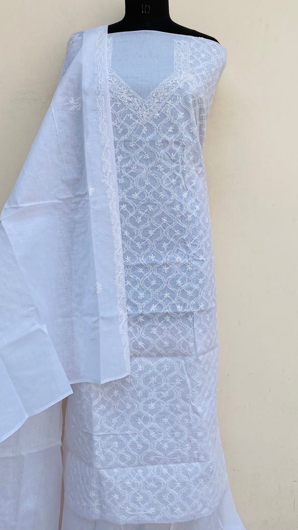 Lucknowi Chikankari Suit Length 3 Piece White Cotton With Embroidered Cotton Dupatta