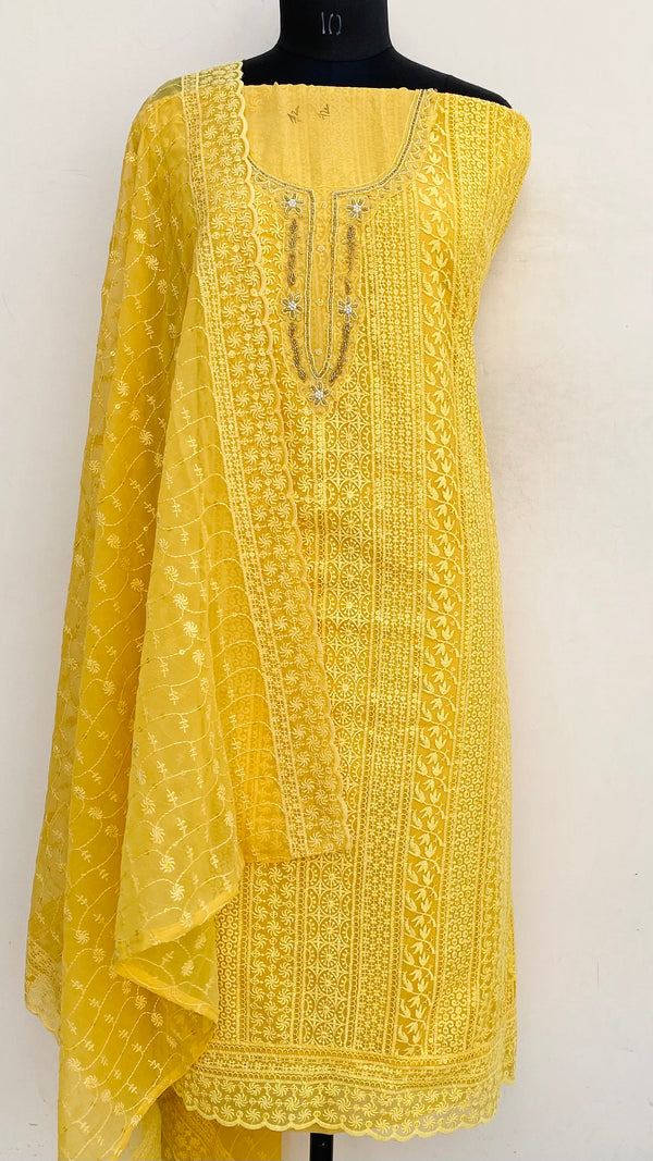 Chikankari Suit Length 3 Piece Mustard Georgette With Pearl & Cutdana Work