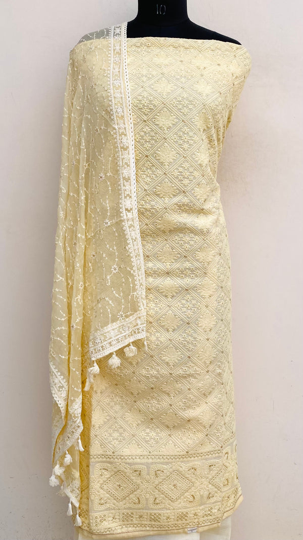 Designer Embroidered Suit Length 3 Piece Cream Mal Cotton With Sequence Work