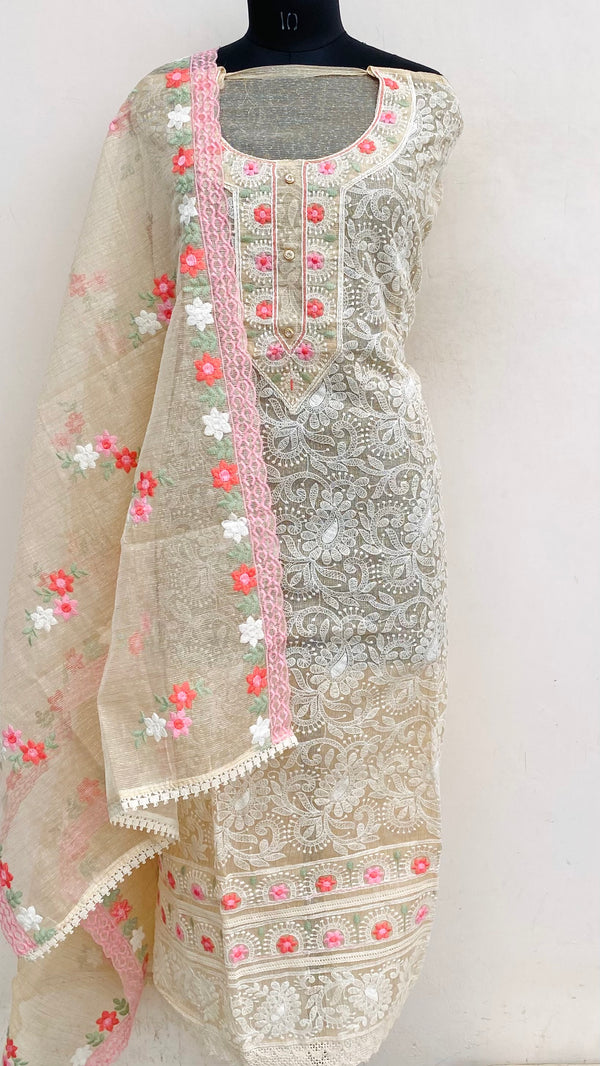 Designer Embroidered Suit Length 3 Piece Beige Kota With Parsi Work