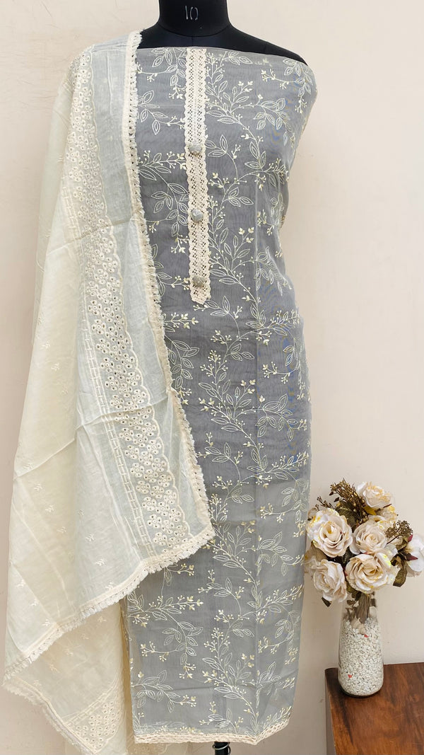Designer Embroidered Suit Length 3 Piece Gray Kota