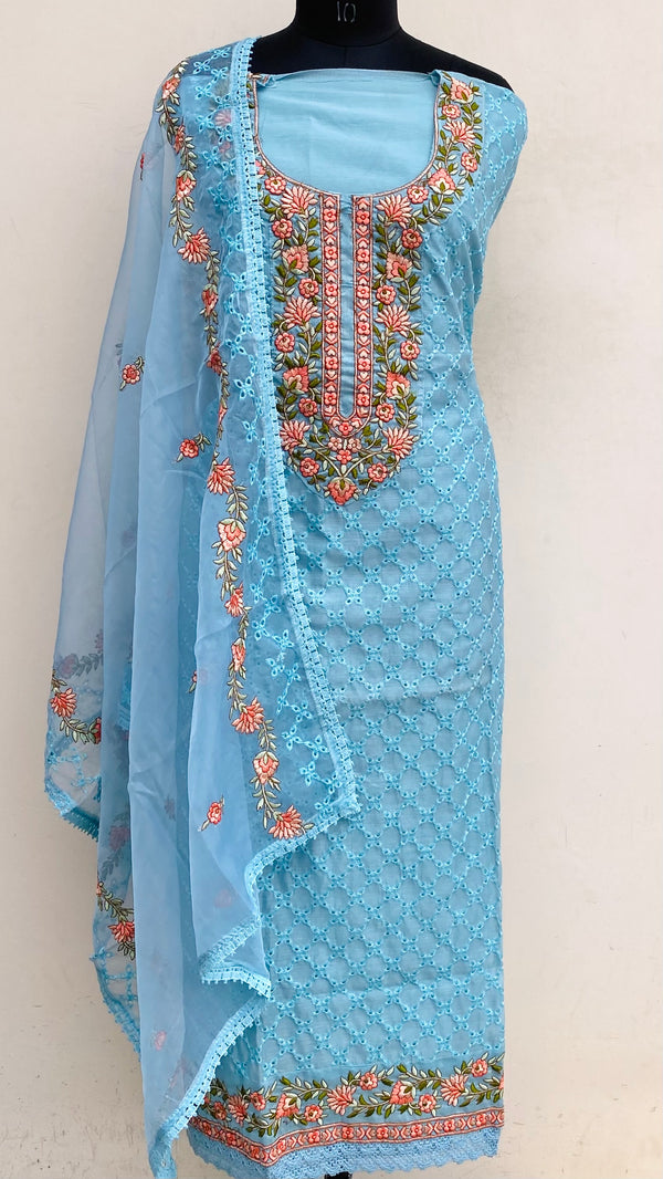 Designer Embroidered Suit Length 3 Piece Blue Mal Chanderi