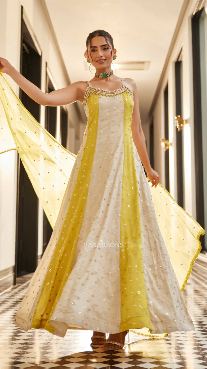Yellow Indo-Western Spaghetti Strap Anarkali Dress
