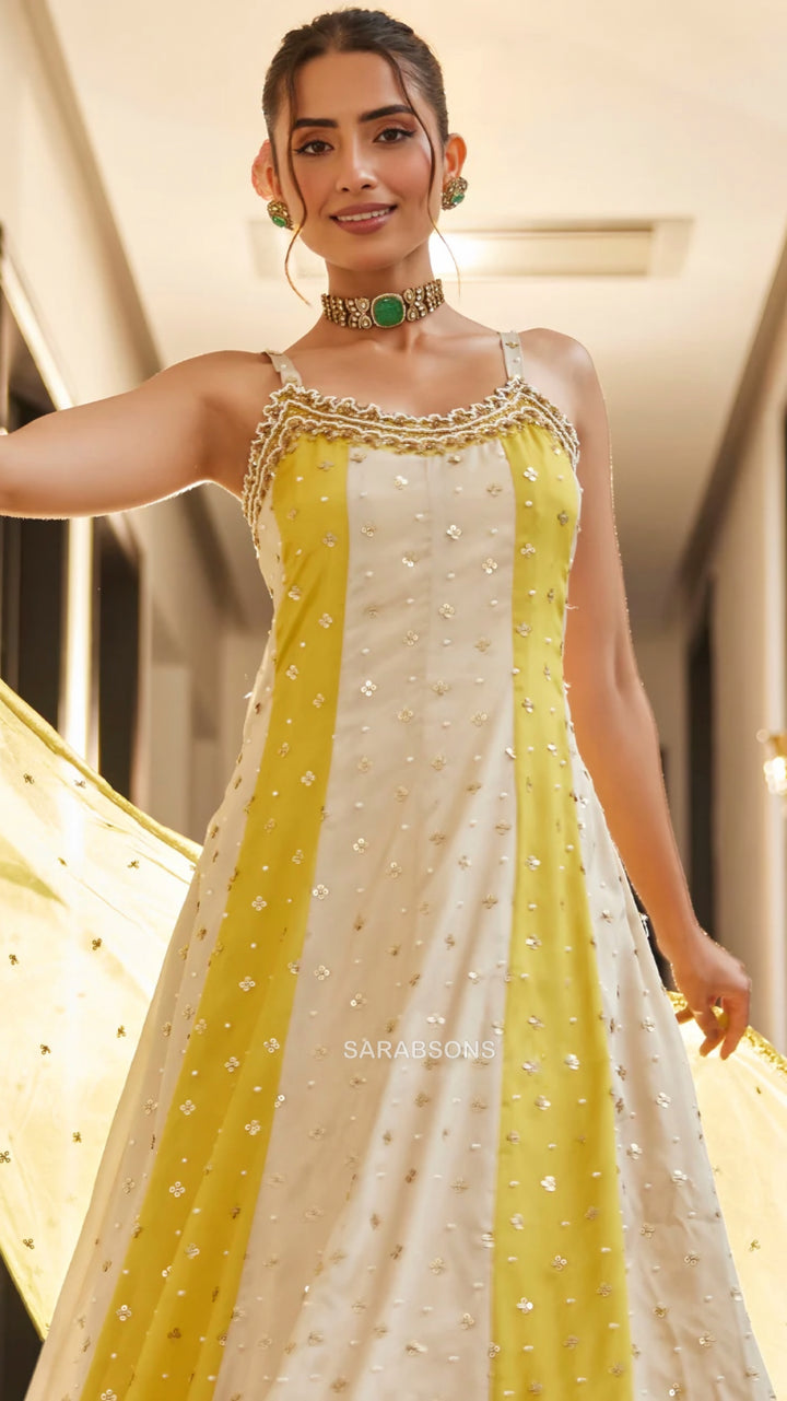 Yellow Indo-Western Spaghetti Strap Anarkali Dress
