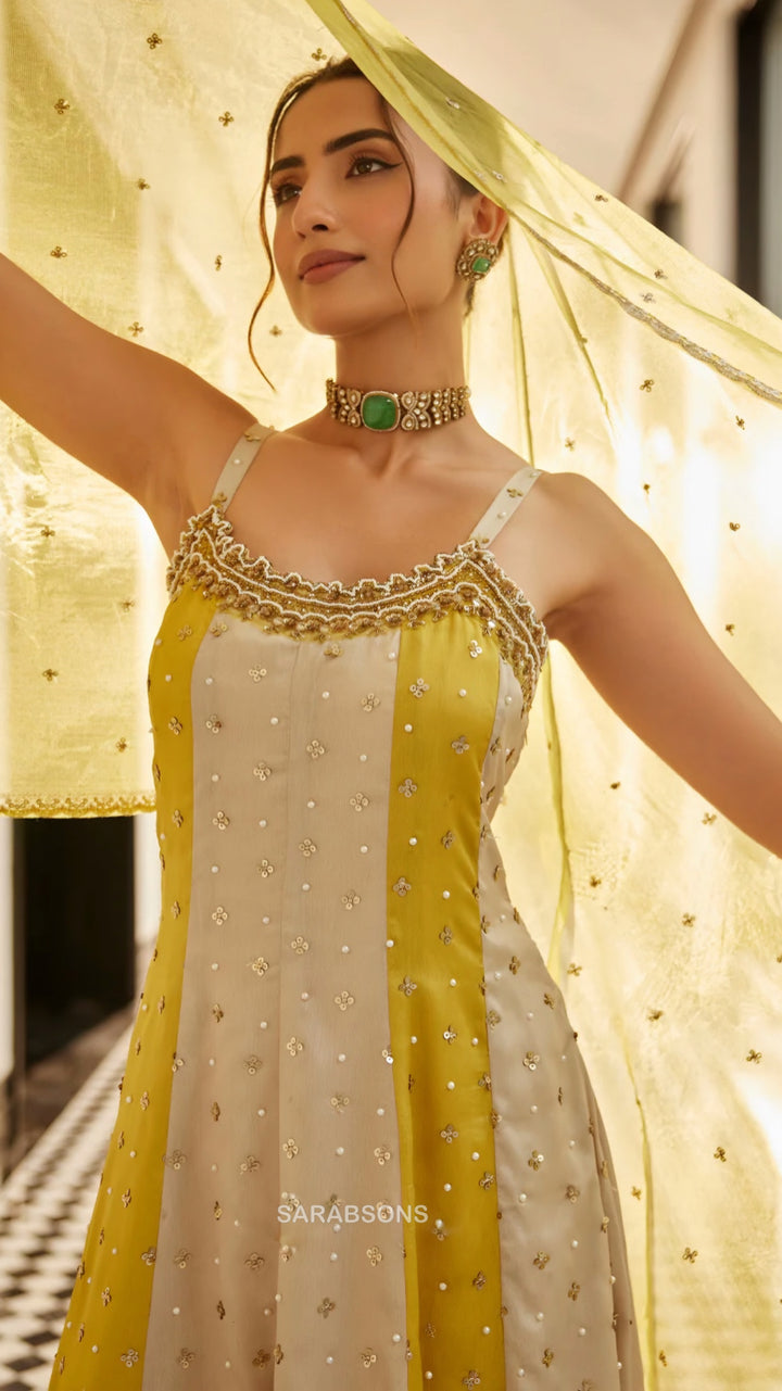 Yellow Indo-Western Spaghetti Strap Anarkali Dress
