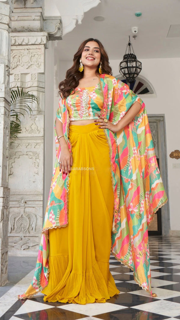 Yellow Indowestern Strappy Crop Top Dhoti Skirt with Cape Set