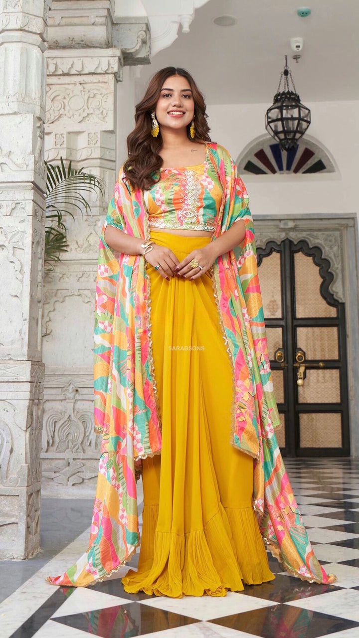 Yellow Indowestern Strappy Crop Top Dhoti Skirt with Cape Set