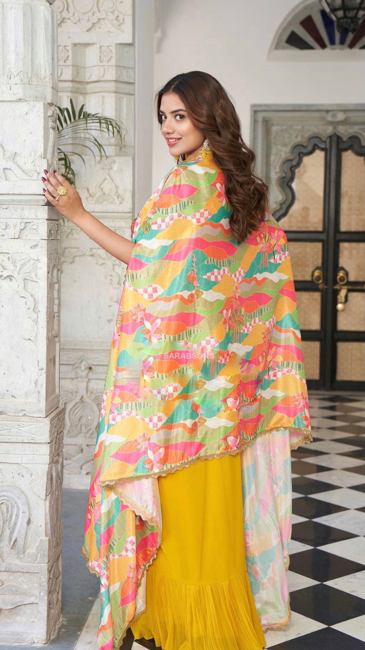 Yellow Indowestern Strappy Crop Top Dhoti Skirt with Cape Set