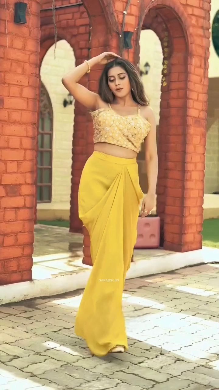 Yellow Indowestern Strappy Crop Top Draped Skirt with Cape Set