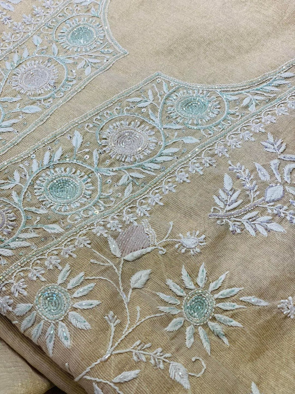 Lucknowi Chikankari Suit Length 2 Piece Beige Pure Tissue With Cutdana & Sequence Work