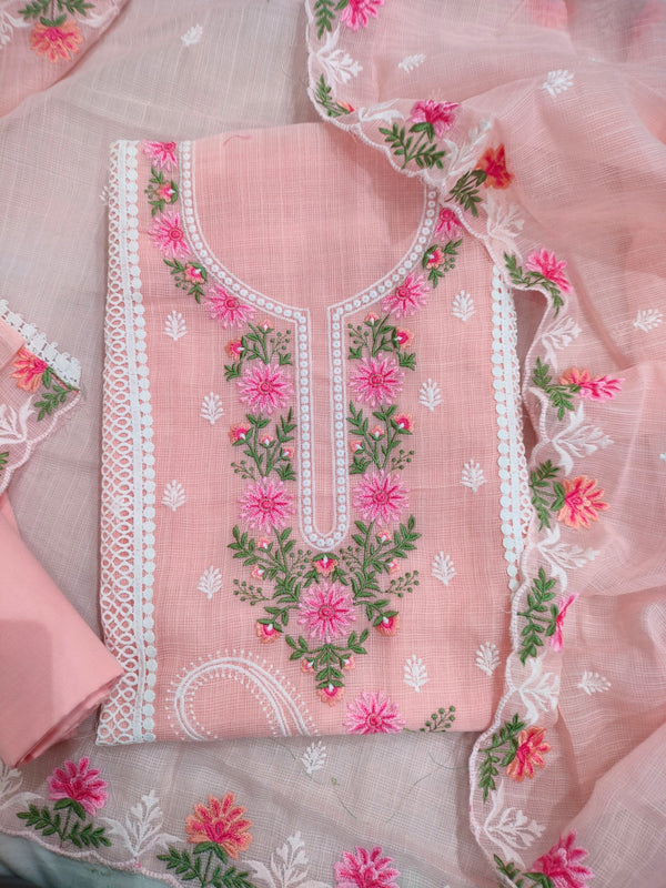 Designer Embroidered Suit Length 3 Piece Pink Kota with Parsi Work
