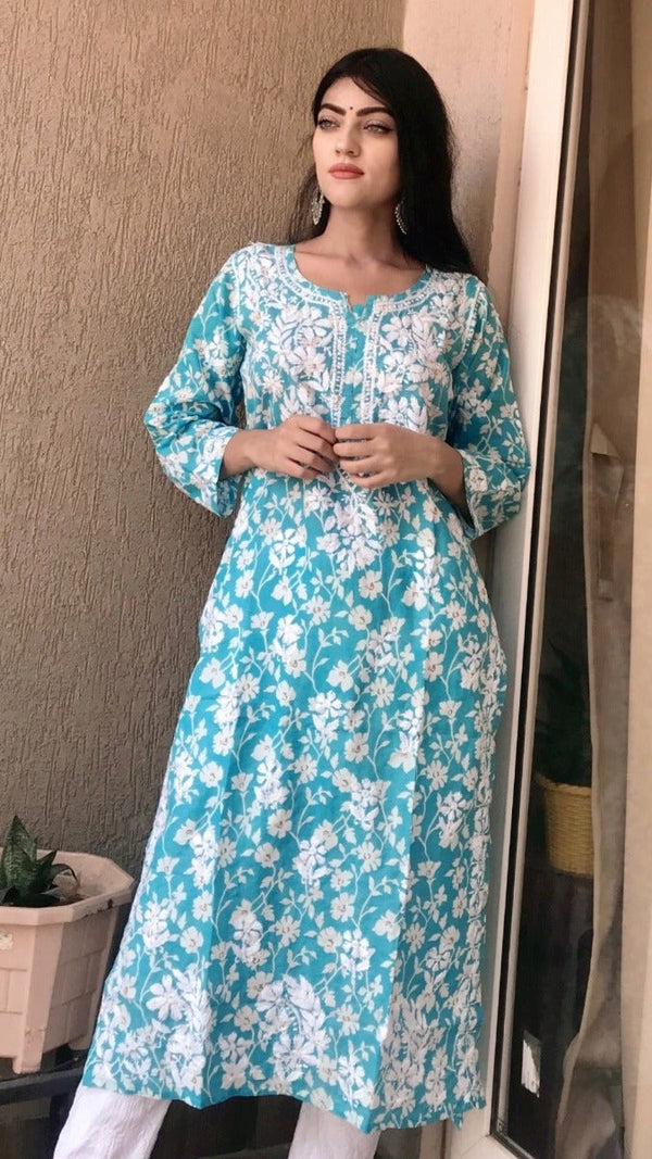 Lucknowi Chikankari Printed Kurti Blue Soft Mal Cotton