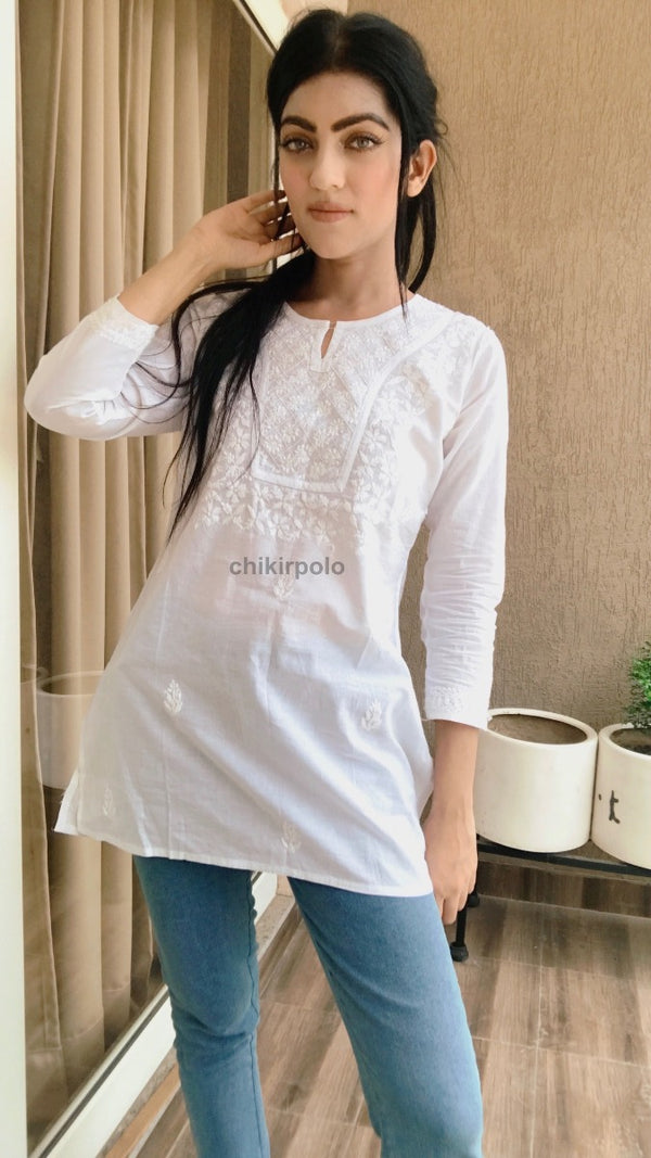 Lucknowi Chikankari Soft Mal Cotton White Short Kurti