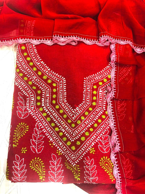 Lucknowi Chikankari Suit Length 3 Piece Maroon Cotton