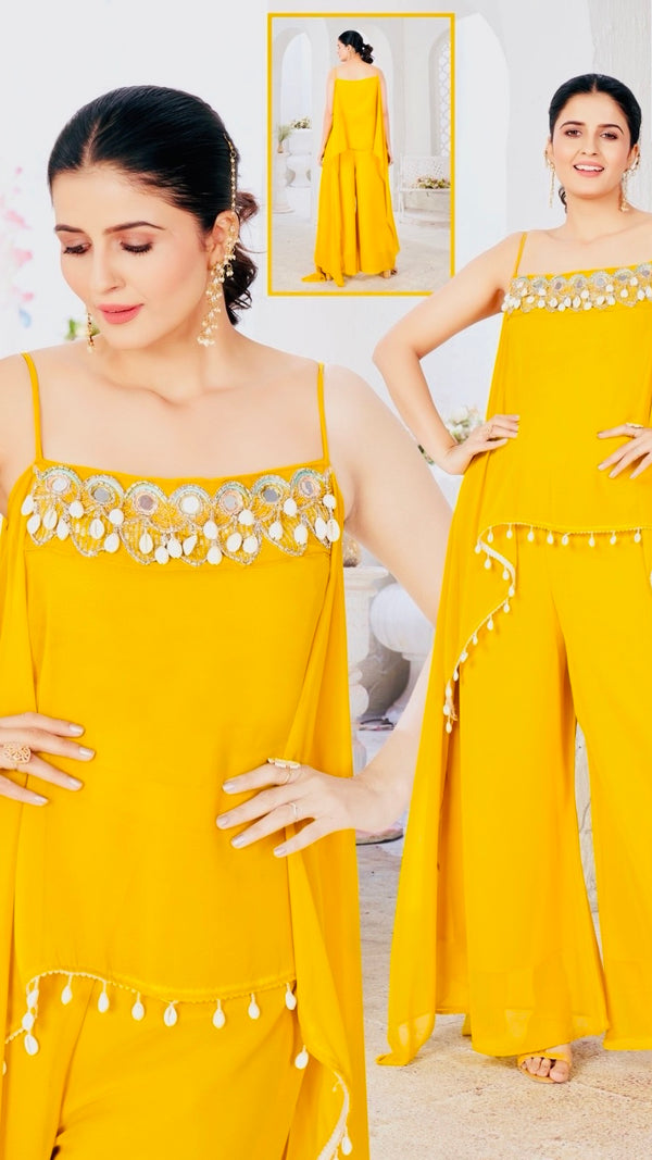 Yellow Indowestern Spaghetti Strap Crop Top Palazzo Set