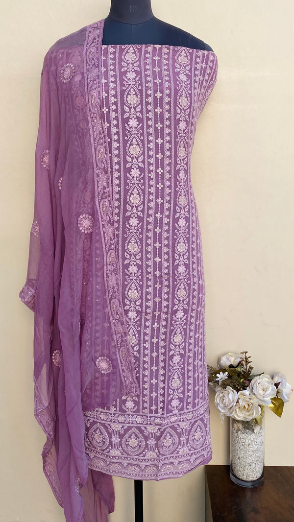 Chikankari Suit Length 3 Piece Purple Pure Georgette