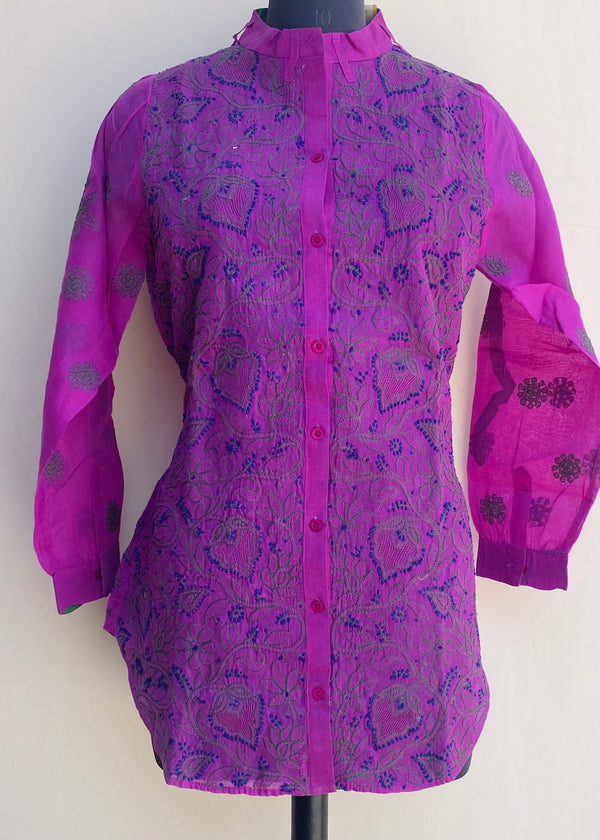 Lucknowi Chikankari Short Kurti Purple Cotton With Jaali Work